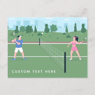 Boy Girl Playing Tennis Green Illustration & Text Postkarte