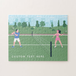 Boy Girl Playing Tennis Green Illustration & Text Puzzle