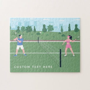 Boy Girl Playing Tennis Green Illustration & Text Puzzle