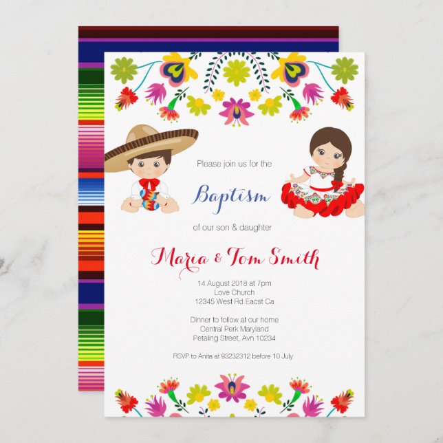 Boy Girl Siblans Christening Taufe Einladung (Vorne/Hinten)