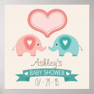 Boy & Girl Twin Pink & Aquamarin Elephants Kinderd Poster