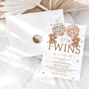 Boy Girl Twins Bear Balloons Rustic Baby Dusche Einladung