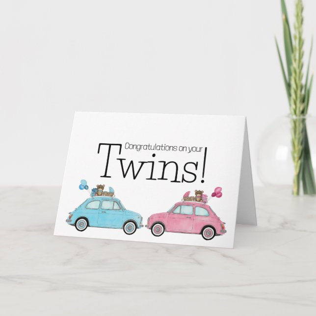 Boy/Girl Twins Fiat 500 Herzlichen Glückwunsch Karte (Vorderseite)