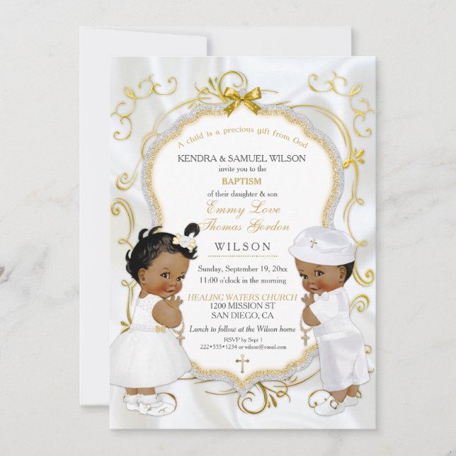 Boy & Girl Twins Taufe Christening Ethnic Einladung (Vorderseite)
