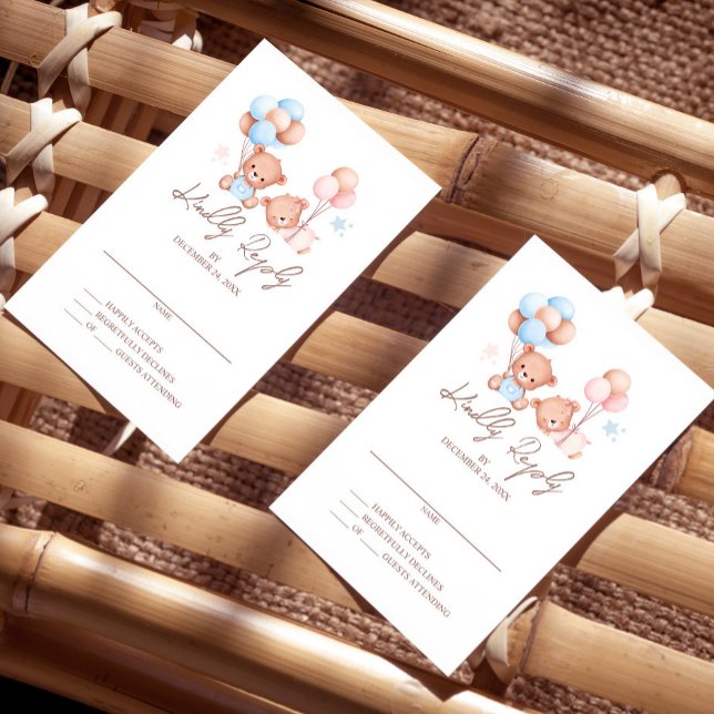Boy Girl Twins Teddy Bear Baby Shower RSVP Card Einladung (Von Creator hochgeladen)