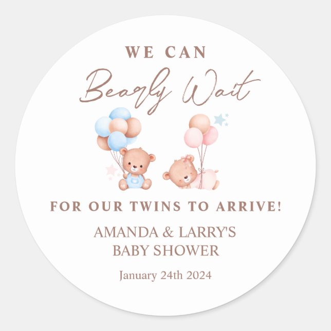 Boy Girl Twins Teddy Bear Baby Shower Runder Aufkleber (Vorderseite)