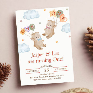 Boy Girl Twins - Teddy Bears Party Geburtstag Einladung