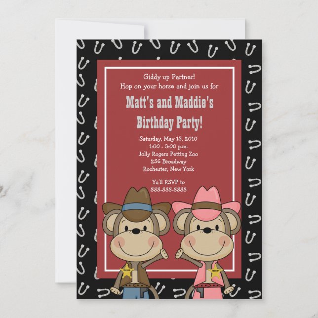 BOY & GIRL Western Cowboy Monkey 12x18 Geburtstag Einladung (Vorderseite)