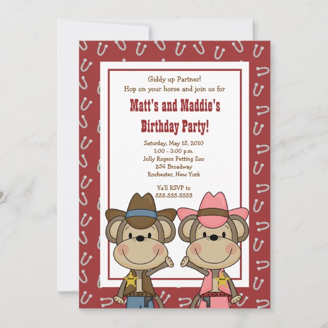 BOY & GIRL Western Cowboy Monkey 12x18 Geburtstag Einladung (Vorderseite)