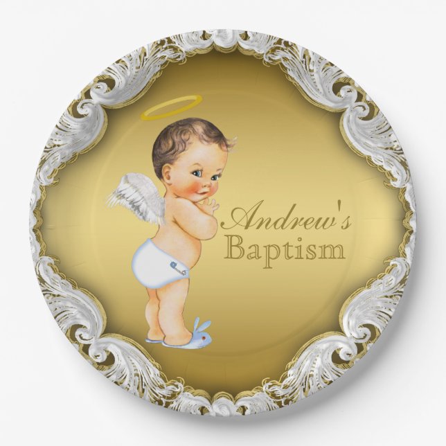 Boy Gold Angel Taufe Christening Pappteller (Vorderseite)