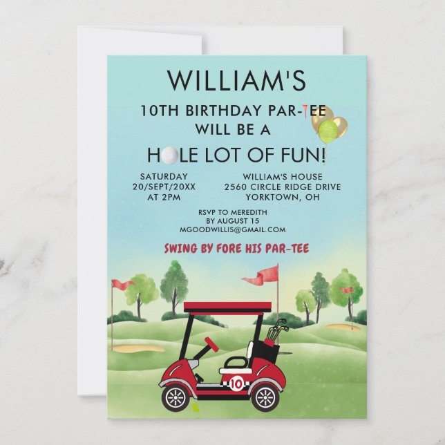 Boy Golf Theme 10th Birthday Par-Tee Einladung (Vorderseite)