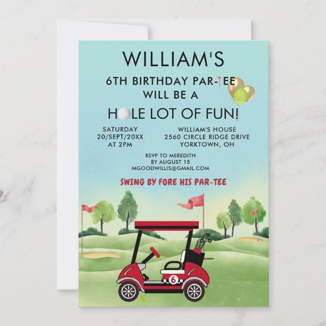 Boy Golf Theme 6th Birthday Par-Tee Einladung (Vorderseite)