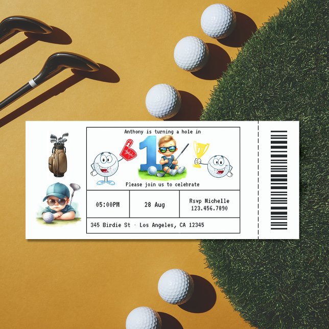 Boy Golf Ticket Art 1. Geburtstag Party Einladung (Boy Golf Ticket Style 1st Birthday Party Invitation)