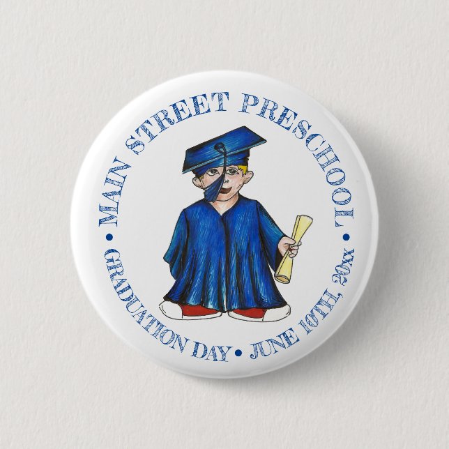 Boy Graduate Blue Cap Preschool Abschluss Button (Vorderseite)