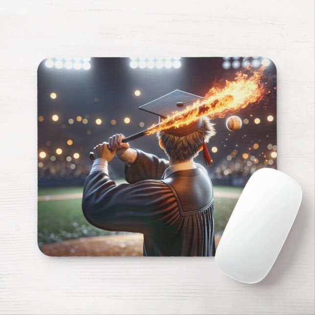 Boy Graduate Swinging a Flaming Baseball Bat Mousepad (Mit Mouse)