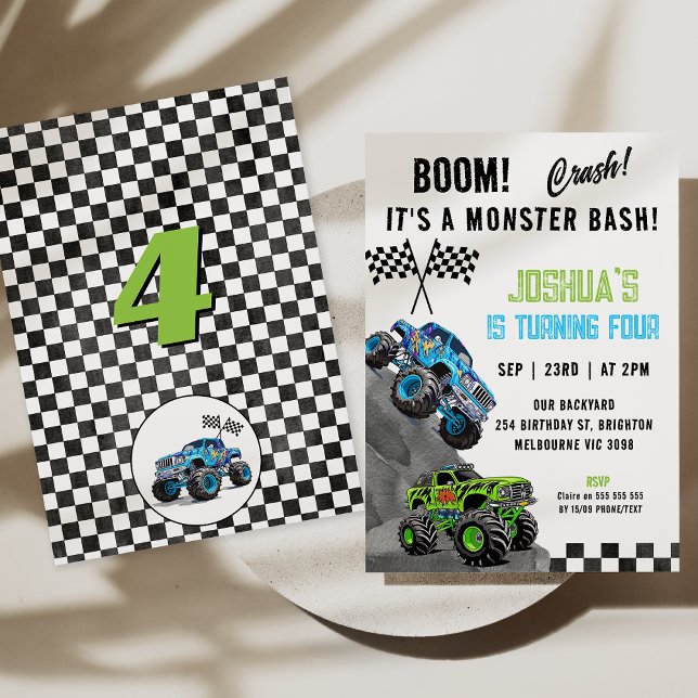 Boy Green Blue Fluorescent Monster Truck Geburtsta Einladung (Boys Monster Truck Monster Bash Birthday Invitation, Monster Bash Invitation Card, Boom Invitation)