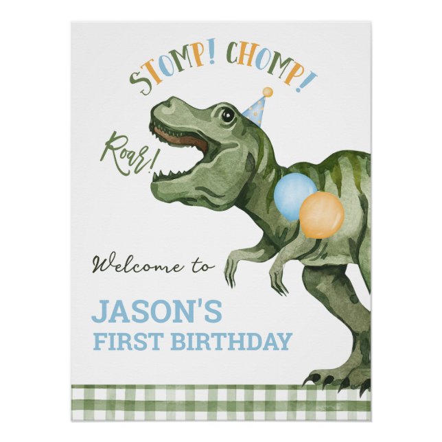 Boy Green Dinosaurier 1. Geburtstag Begrüßungszeic Poster (Vorderseite)