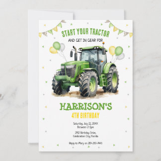 Boy Green Tractor Farm Birthday Party Invitation Einladung