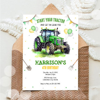 Boy Green Tractor Farm Birthday Party Invitation Einladung