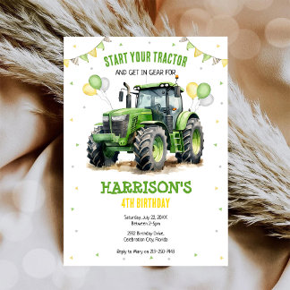 Boy Green Tractor Farm Birthday Party Invitation Einladung