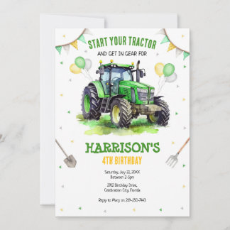 Boy Green Tractor Farm Birthday Party Invitation Einladung