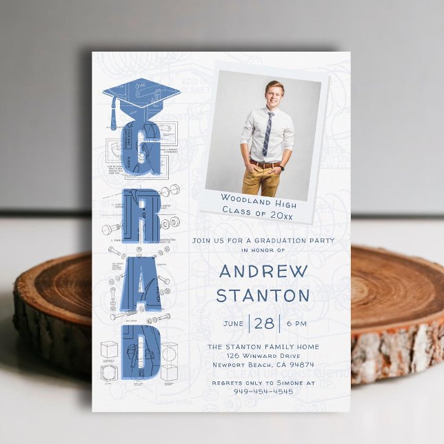 Boy High School Abschluss Engineer Tech Foto Einladung (high school graduation boy ceremony party invitation white blue tech technical scientist engineer)