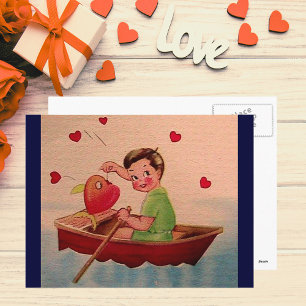 Boy Holding Heart in Boat Postkarte