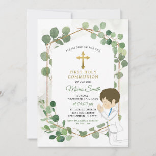 Boy Holy Communion Minimalistisch Greenery Gold Einladung