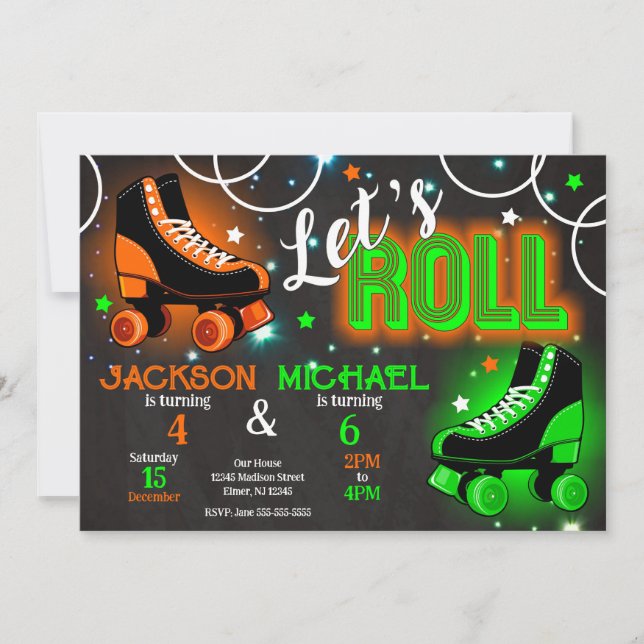 Boy Joint Roller Skating Birthday Party Neon Glow Einladung (Vorderseite)
