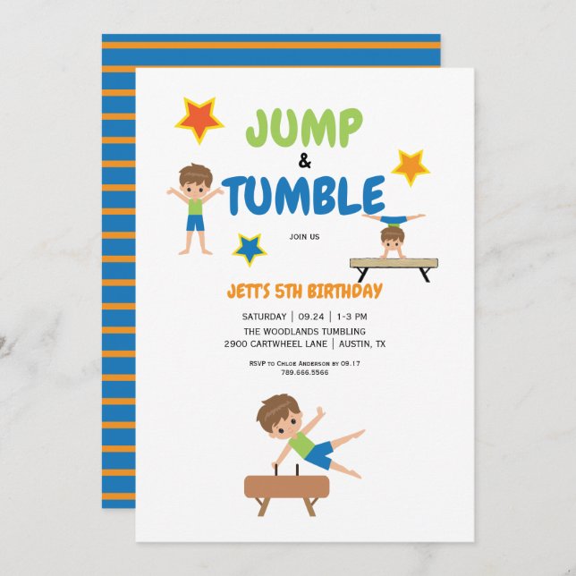 Boy Jump & Tumble Gymnastics Geburtstagsparty Einladung (Vorne/Hinten)