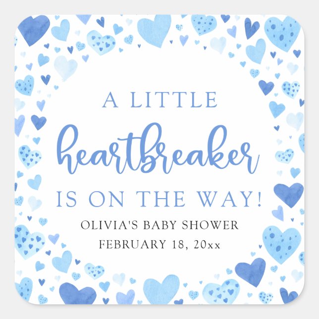 Boy Little Heartbreaker Blue Valentine Baby Dusche Quadratischer Aufkleber (Vorderseite)
