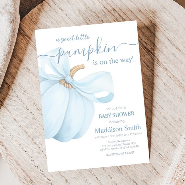 Boy Minimalist Little Pumpkin Baby Shower Einladung (Blue Bow Pumpkin Baby Shower Invitation)