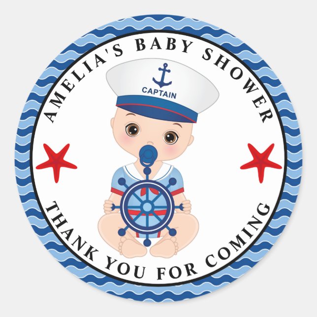 Boy Nautical Baby Shower Classic Round Sticker (Vorderseite)