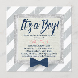 Boy Navy Blue Bow Krawatte Gray Stripes Baby Dusch Einladung