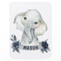 Boy Navy Elephant Rose Baby Blanket Blue