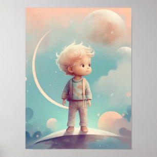 Boy Nursey Poster Kleiner Junge schlafen Mondnacht