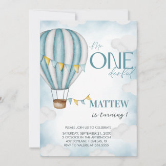 Boy ONEderful Hot Air Ballon Erster Geburtstag Einladung
