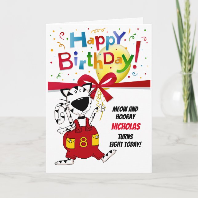Boy or Girl Cute Cartoon Cat 8th Birthday Karte (Vorderseite)