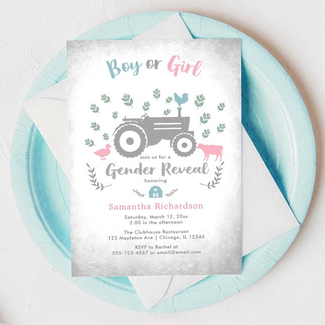 Boy or Girl Farm Tractor Gender Reveal Invitation Einladung (Von Creator hochgeladen)
