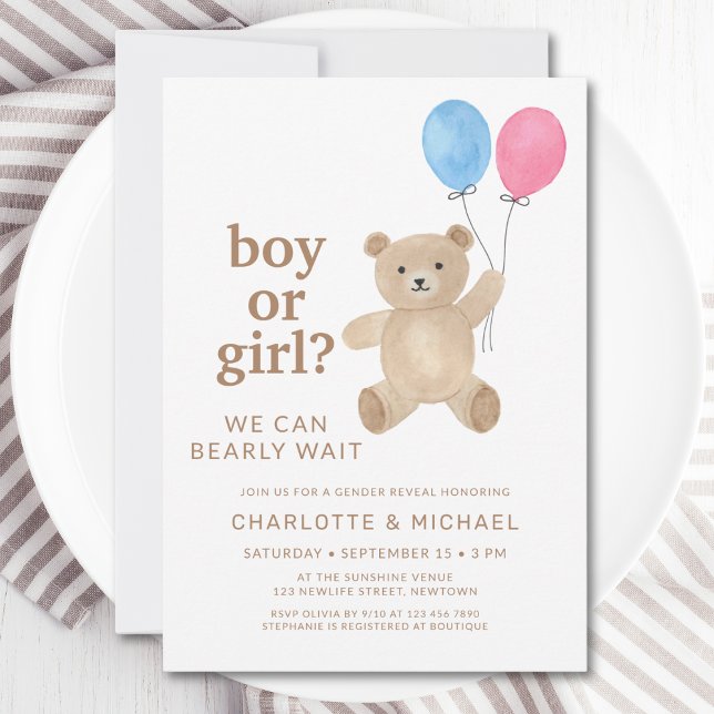 Boy Or Girl Teddy Bear Balloons Gender Reveal Einladung (Von Creator hochgeladen)