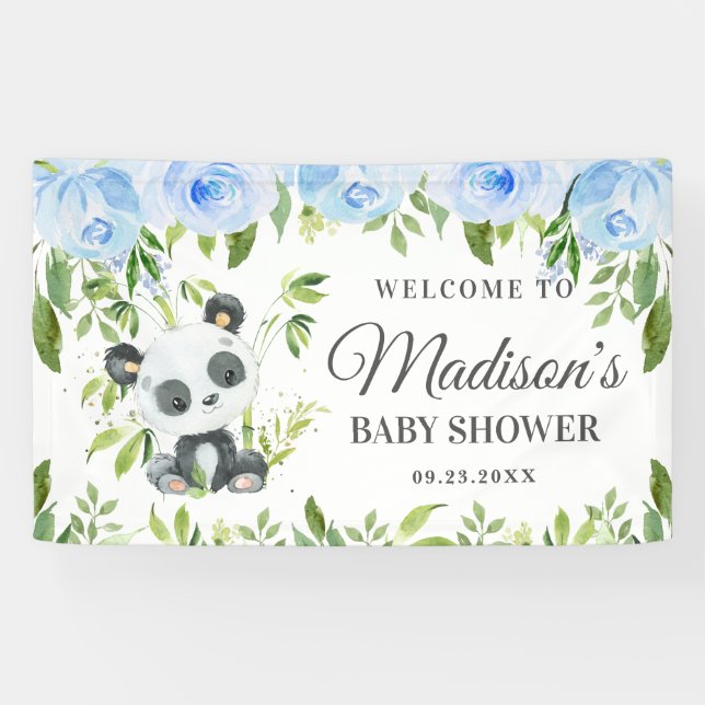 Boy Panda Blue Floral Greenery Bamboo Hintergrund Banner (Horizontal)