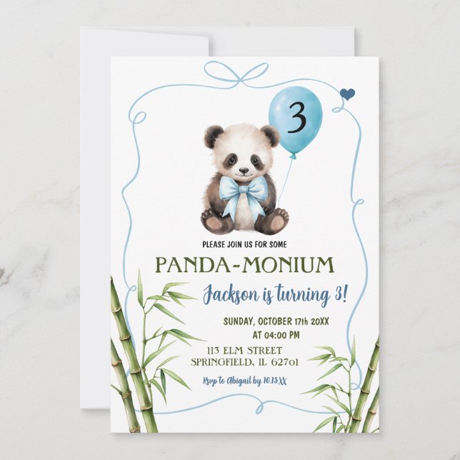 Boy Panda mit Bow Blue Handziehen Geburtstag Einladung (Vorderseite)