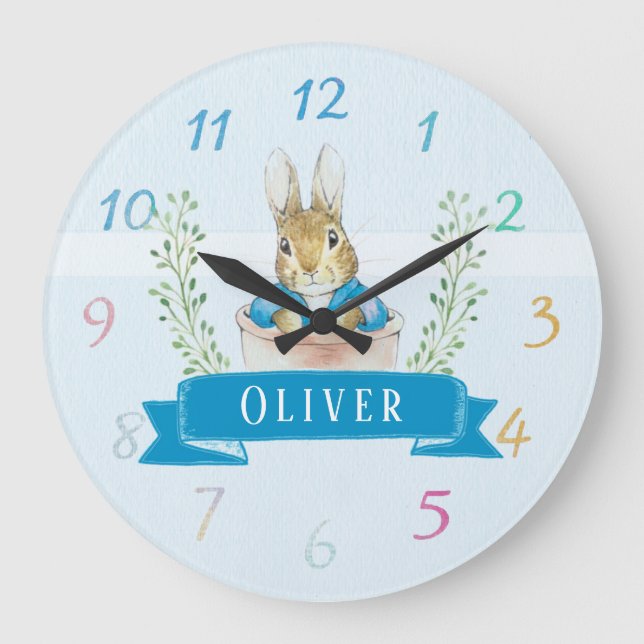 Boy Peter Rabbit Blue Custom Large Clock Große Wanduhr (Vorderseite)