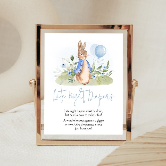 Boy Peter Rabbit Kinderdusche Spätabentaucher Poster (Peter Rabbit Balloon Spring Baby Shower Late Night Diapers Sign)