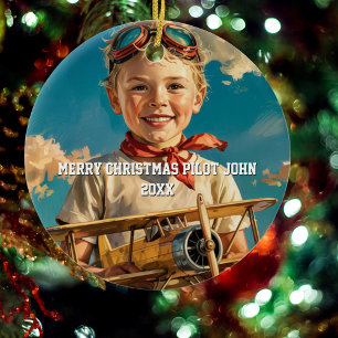 Boy Pilot Aviator & Spielzeugflugzeug Custom XMAS Keramik Ornament