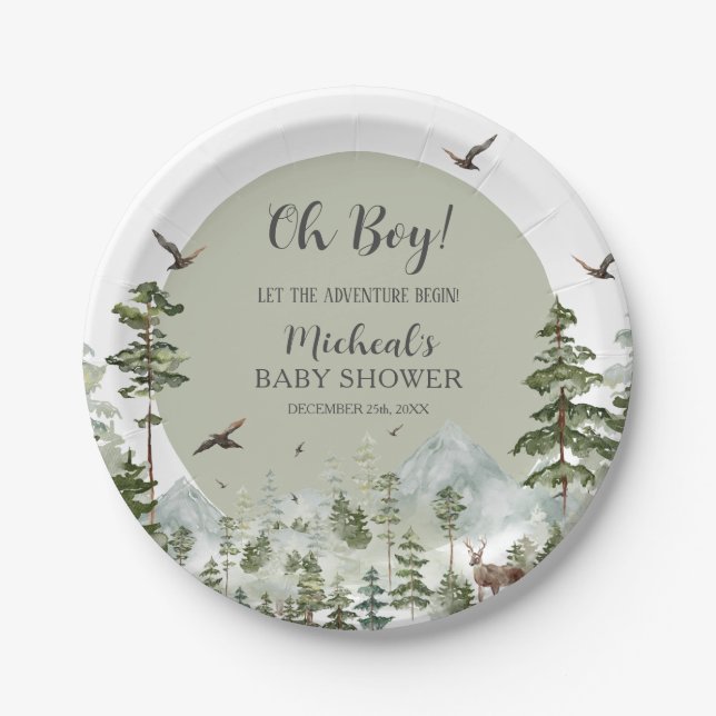 Boy Pine Tree Forest Mountain Baby Dusche Pappteller (Vorderseite)