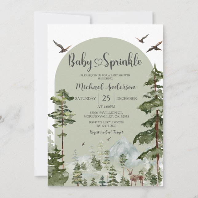 Boy Pine Tree Forest Mountain Baby Sprinkle Einladung (Vorderseite)