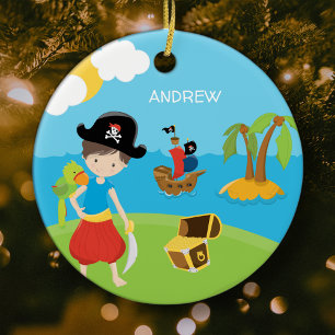 Boy Pirate mit Schatz und Papagei Weihnachten Keramik Ornament