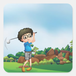 Boy Playing Golf Quadratischer Aufkleber
