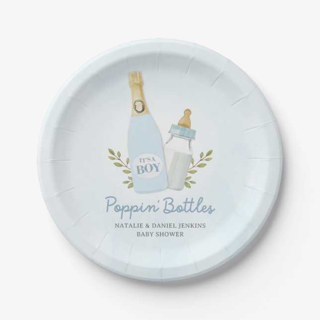 Boy Poppin Bottles Baby Shower Blue Pappteller (Vorderseite)